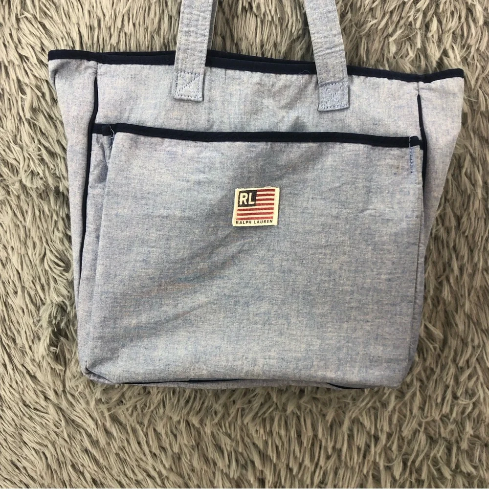 RL Ralph Lauren Tote Bag Blue Logo Diaper Bag Double Handle Pockets